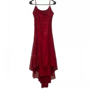 Vintage Red Spaghetti Strap Corset Back Sequined Dress Hi-Lo Hemline